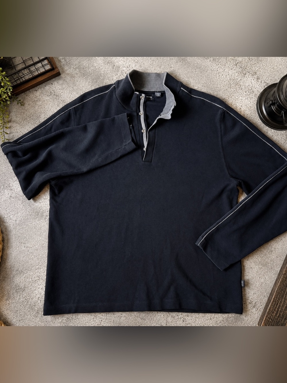 Boss Black Quarter-Snap Long Sleeve Pullover with Grey Contrast